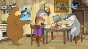 Dr. Brumm und seine Freunde essen gemeinsam mit Bauer Hackenpiep den von ihm mitgebrachten Apfelkuchen.