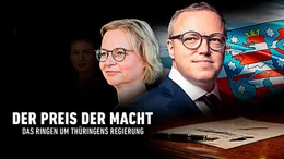 Das Th&uuml;ringer Landeswappen, Mario Voigt (CDU), Katja Wolf (BSW) und im Hintergrund Sahra Wagenknecht (BSW) (von rechts nach links)