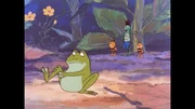 Obwohl der Frosch sie am liebsten fressen w&uuml;rde, helfen ihm Maja, Flip und Willi.