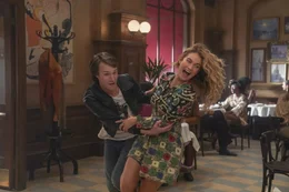 L-R: Young Harry (Hugh Skinner), Young Donna (Lily James)