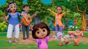 v.li.: Abuela, Papi, Dora, Boots, Mami, Camila