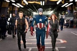 L-R: Clint Barton / Hawkeye (Jeremy Renner), Steve Rogers / Captain America (Chris Evans), Natasha Romanoff / Black Widow (Scarlett Johansson).