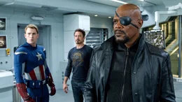 L-R: Steve Rogers / Captain America (Chris Evans), Tony Stark / Iron Man (Robert Downey jr.), Nick Fury (Samuel L. Jackson).