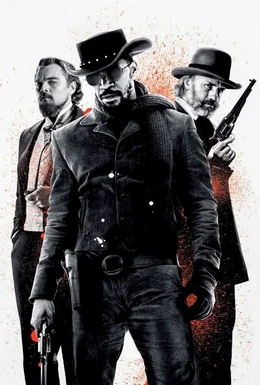 L-R: Calvin Candie (Leonardo DiCaprio), Django (Jamie Foxx), Dr. King Schultz (Christoph Waltz).