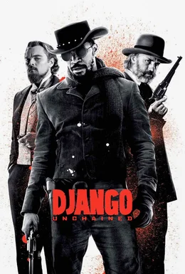 v.li.: Calvin Candie (Leonardo DiCaprio), Django (Jamie Foxx), Dr. King Schultz (Christoph Waltz)