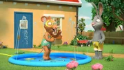 Posy spielt Meeresforscherin im Planschbecken. Pip soll mitspielen, ihm ist das Wasser aber noch zu kalt. Posy spielt Meeresforscherin im Planschbecken. Pip soll mitspielen, ihm ist das Wasser aber noch zu kalt.