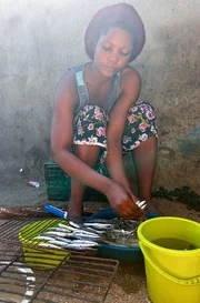 Eine Frau bereitet im Dorf Cape Maclear am südlichen Ufer des Malawisees Sardinen zu. Eine Frau bereitet im Dorf Cape Maclear am südlichen Ufer des Malawisees Sardinen zu.