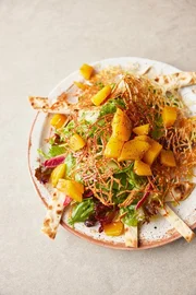 &sbquo;Inselsalat&lsquo; mit Gurke, karamellisierten Dosenpfirsichen und knusprigem Halloumi-Netz.
