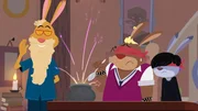 Der verkleidete Bridger f&uuml;hrt Chester und Kela an der Nase herum.