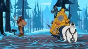Ein gef&auml;hrlicher Barbar kommt, mitsamt seinem Eisb&auml;ren und seiner Beute, bei Bugs Bunny vorbei.