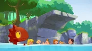 An einem heißen Tag im Fluss überlegen sich die Kinder des Clans, wer wohl der schnellste Schwimmer sei. An einem heißen Tag im Fluss überlegen sich die Kinder des Clans, wer wohl der schnellste Schwimmer sei.
