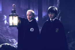 Draco Malfoy (Tom Felton, l.) und Harry Potter (Daniel Radcliffe) sollen nachts im verbotenen Wald ein Wesen finden, das seit einigen Tagen Einh&ouml;rner angreift und t&ouml;tet.