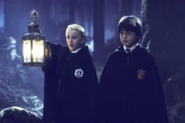 Draco (Tom Felton) und Harry (Daniel Radcliffe) entdecken im Verbotenen Wald eine finstere Gestalt, die gerade ein Einhorn gerissen hat...