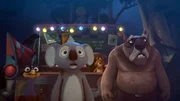 Blinky, Jacko, Robert, Wombo und Eddi beobachten sprachlos, wie ein Feuerball auf die Erde trifft. Blinky, Jacko, Robert, Wombo und Eddi beobachten sprachlos, wie ein Feuerball auf die Erde trifft.
