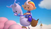 Baba Blau reitet auf seinem Wolkenpony.