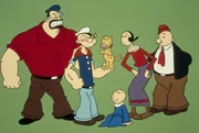 Die Stars der Popeye-Serie (v.l.n.r.): Bluto, Popeye mit Katze Fluffy, Sweepea, Olivia und Wimpy.