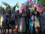 Couple Vanessa Beard and Dominic Prince with their wedding guests. -