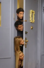 Monica ist sauer und will Joey (Matt LeBlanc, 2.v.oben), Ross (David Schwimmer, oben), Rachel (Jennifer Aniston, 2.v.unten) und Phoebe (Lisa Kudrow, unten) gar nicht mehr in die Wohnung lassen. Doch ein unerwarteter Anruf hellt ihre Stimmung wieder auf ...