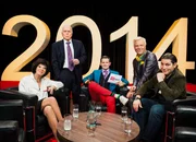 Gruppenbild «Endspott - Der satirische Jahresrückblick»: Birgit Steinegger als Doris Leuthard, Walter Andreas Müller als Christoph Blocher, Fabian Unteregger als Rainer Maria Salzgeber, Peter Pfändler als Kurt Aeschbacher, David Bröckelmann als Oskar Freysinger