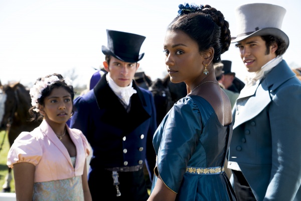 BRIDGERTON (L to R) CHARITHRA CHANDRAN as EDWINA SHARMA, JONATHAN BAILEY as ANTHONY BRIDGERTON, SIMONE ASHLEY as KATE SHARMA in episode 202 of BRIDGERTON. Cr. LIAM DANIEL/NETFLIX © 2021