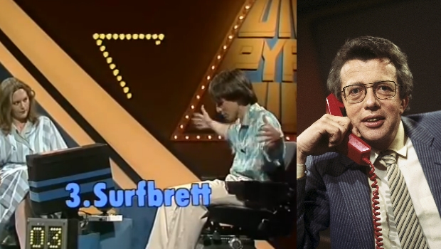 Links: Viktor Worms erklärt seiner Mitstreiterin das "Surfbrett" / Rechts: Heck telefoniert mit Schiedsrichter Dr. Heindl.
