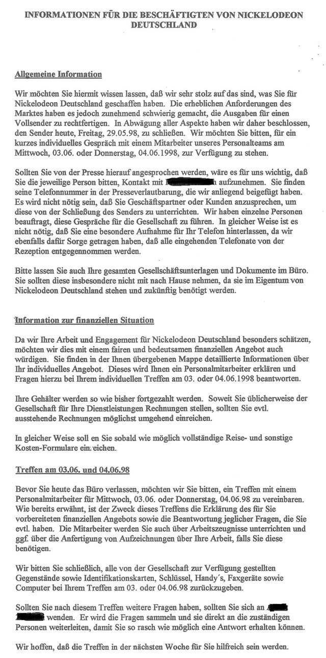Informationsschreiben an die Nickelodeon-Mitarbeiter zum Ende des Sendebetriebs