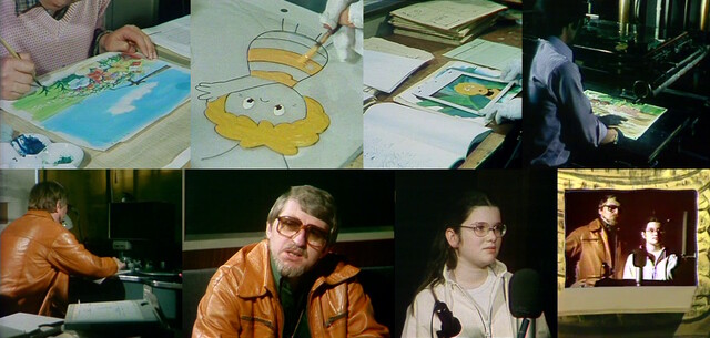 Screenshots aus "Alles über Biene Maja" (ORF, 1979) mit Impressionen von der Produktion der zweiten Staffel. Oben: Im Trickfilmstudio von Wako Productions. Unten: In München bei den Synchronisationsarbeiten - Eberhard Storeck am Schneidetisch sowie im Interview - Scarlet Lubowski vor dem Mikrofon
