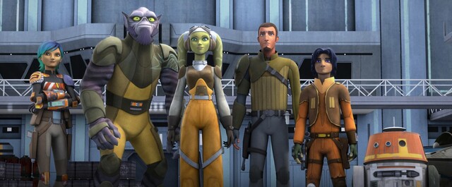 Die Crew der "Ghost" in "Star Wars Rebels": (v. l.) Sabine Wren, Garazeb "Zeb" Orrelios, Hera Syndulla, Kanan Jarrus (verstorben), Ezra Bridger und der Astro-Droide C1-10P aka "Chopper".