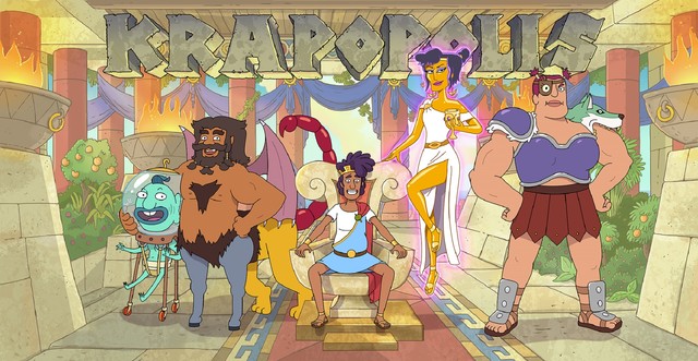 Die Protagonisten aus "Krapopolis": (v. l.) Hippocampus, Shlub, Tyrannis, Deliria und Stupendous