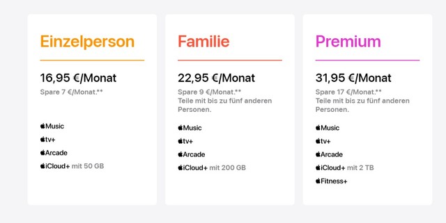 Neue Preise für Apple One (via https://www.apple.com/de/apple-one/)