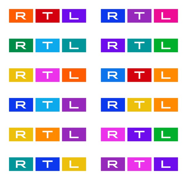 Beispiele der verschiedenen "On-Air-Designs" des neuen Multi-Color-Logos von RTL Deutschland.