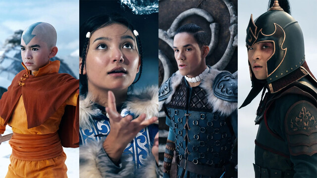 Ang (Gorden Cormier, l.) mit seinen Mitstreitern (v. l.) Katara (Kiawentiio), Sokka (Ian Ousley) und Prinz Zuko (Dallas Liu)