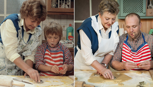 Helga (Marie-Luise Marjan) und Klaus (Moritz A. Sachs) Beimer beim weihnachtlichen Plätzchenbacken - 1985 und 2012