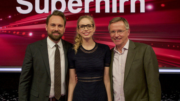 Moderator Steven Gätjen, Gedächtnisweltmeisterin Christiane Stenger und Kommentator Norbert König