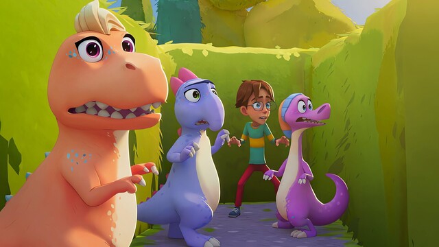 "Die gute Landluft": Leo muss die Dinos um jeden Preis verstecken. Doch nun hat er sich mit Trina, Doris und Socke im Labyrinth verlaufen.