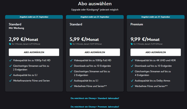 Angebots-Übersicht bei Disney+