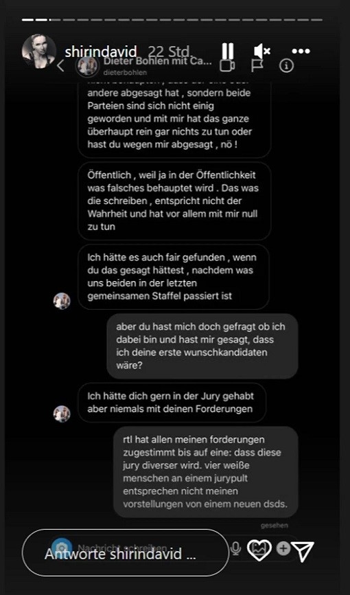 Der geteilte Chatverlauf zwischen Dieter Bohlen und Shirin David