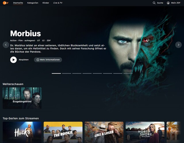 Startseite des neuen ZDF-Streaming-Portals
