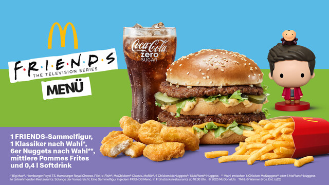 Das "Friends Menü" im Symbolbild: Es umfasst "einen McDonald's Klassiker" (nach Wahl) + 6er Nuggets (nach Wahl) + mittlere Pommes + 0,4 l Softdrink