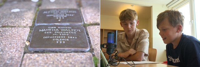 links: Einer der Stolpersteine in Jena, mit denen sich die Schülerinnen und Schüler beschäftigt haben. rechts: Nachdem die Schüler recherchiert und die Skripte geschrieben haben, sprechen sie einen Audioguide ein.