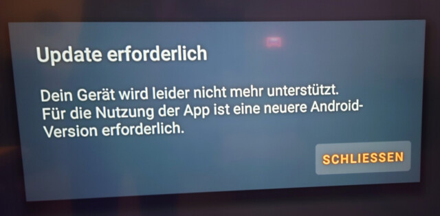 Fehlermeldung bei der Nutzung eines älteren Fire-TV-Geräts.