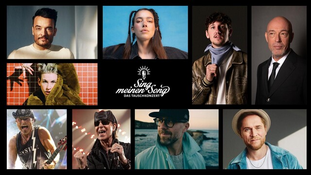 (v. l.) Italo-Disco-Pop-S&auml;nger Giovanni Zarrella, Singer-Songwriterin und Frida-Gold-Frontfrau Alina S&uuml;ggeler, Schlager-Rapper Tream, Rock-S&auml;nger Der Graf von Unheilig, Punk-Rock-S&auml;ngerin Ina Bredehorn alias Deine Cousine, Rudolf Schenker und Klaus Meine von den Scorpions, Singer-Songwriter Mark Forster und Musiker und Gastgeber Johannes Oerding