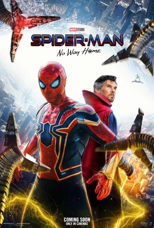 Poster zum Film "Spider-Man: No Way Home" mit Peter Parker (Tom Holland), Doctor Strange (Benedict Cumberbatch) und den Klauen von Doctor Octopus