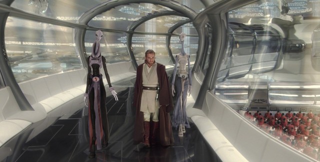 Szene aus "Star Wars: Episode II - Angriff der Klonkrieger": Obi Wan-Kenobi flankiert von zwei Kaminoanern in den Klon-Einrichtungen