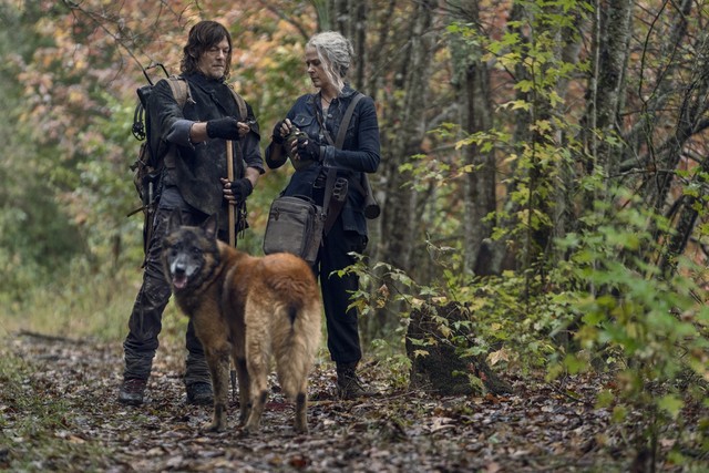 Daryl (Norman Reedus) erzählt Carol (Melissa McBride) von der Zeit, die er vermeintlich allein in der Wildnis verbracht hat.