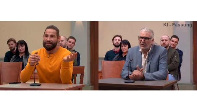 links: Ausschnitt aus Original-Folge; rechts: echter Darsteller mit KI in Original-Folge integriert