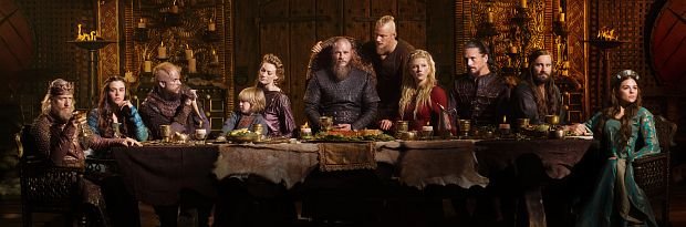 V.l.: König Eckbert, seine Schwiegertochter Judith, Floki, Aslaug mit Sohn, Ragnar, Sohn Björn, Lagertha, ihr verräterischer Stellvertreter Kalf, Rollo und Prinzessin Gisla