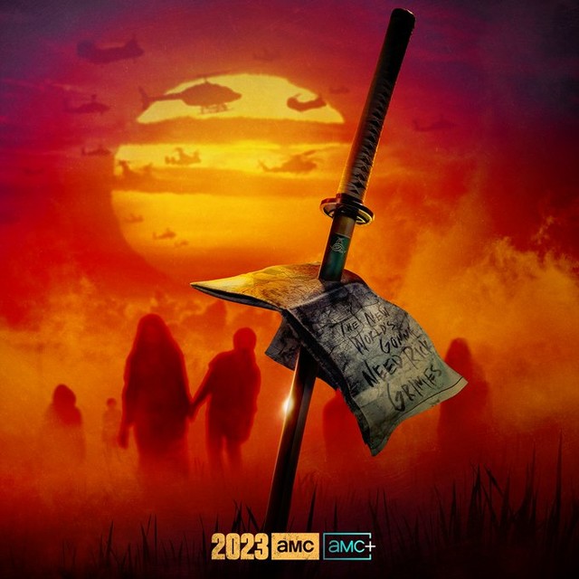 Teaser-Bild zur noch namenlosen Serie um Rick und Michonne - mit Walkern, dem Katana und einer Flotte an Hubschraubern.