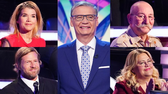 Moderator Günther Jauch (M.) mit seinen Kandidaten Anke Engelke (o. l.), Henning Baum (u. l.), Horst Lichter (o. r.) und Ilka Bessin (u. r.).