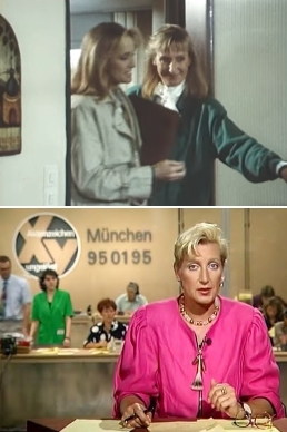 Sabine Zimmermann als Statistin in einem Filmfall (o.) und an ihrem gewohnten Platz im "XY"-Studio Anfang der 90er Jahre (u.)